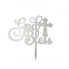 God Bless Cross Silver Cake Topper Religious Event Decoration 6.5 inch